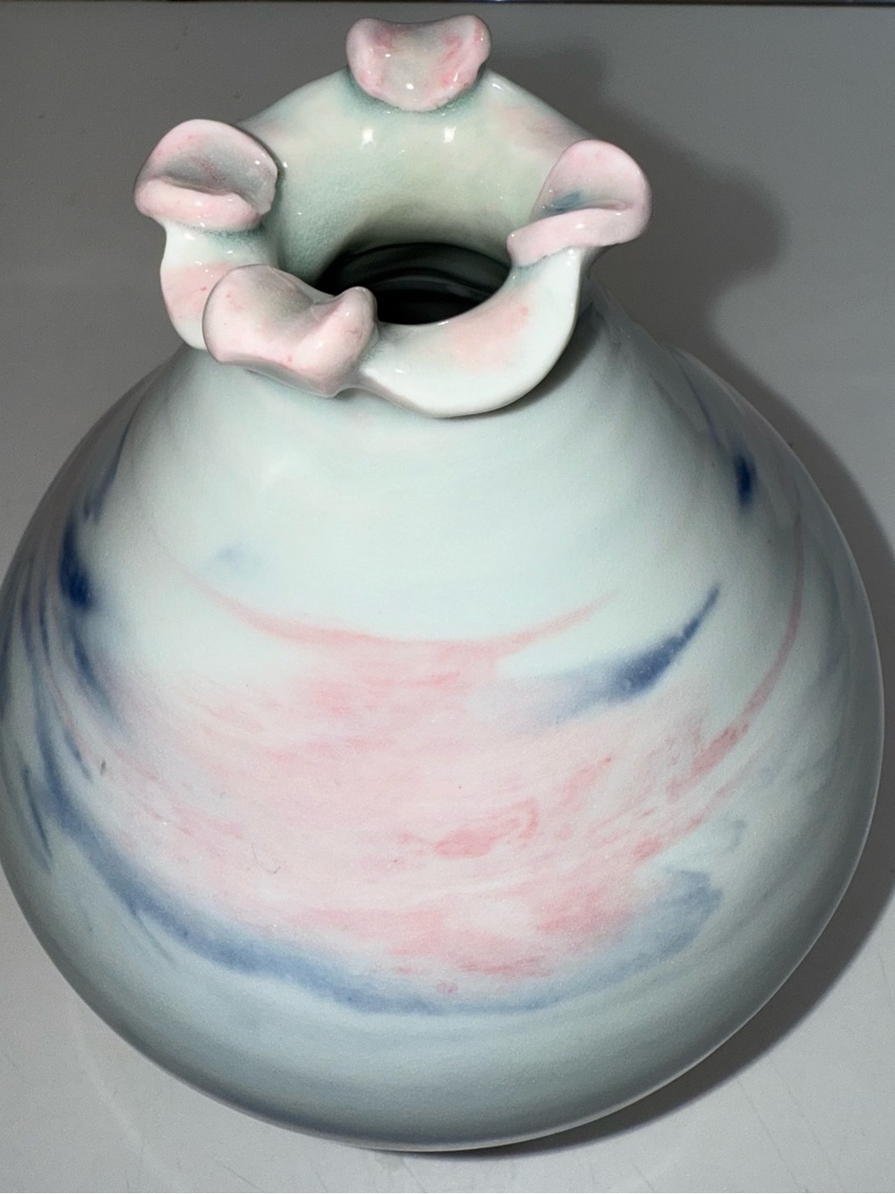 Vintage Handcrafted Porcelain Vase in Pastel Pink & Blue 8’ inch tall